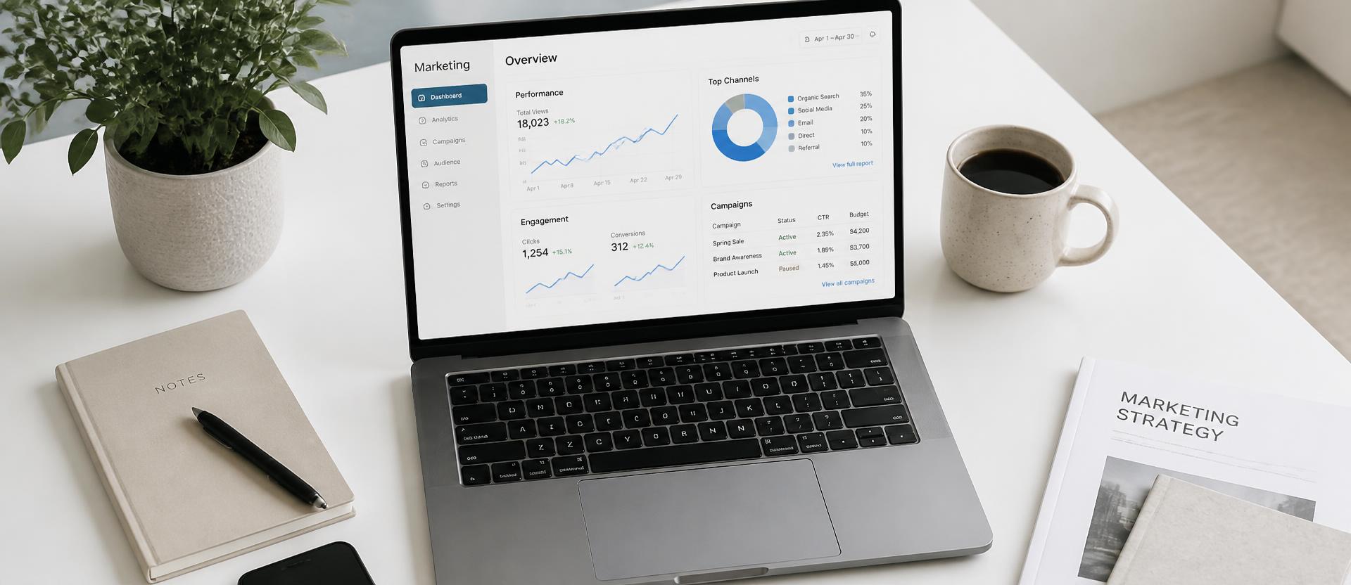 Espace de travail marketing digital avec tableau de bord analytique
